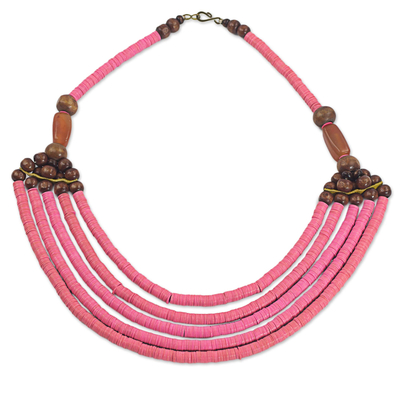 Artisan Pink Bead Necklace with Sese Wood Agate and Leather