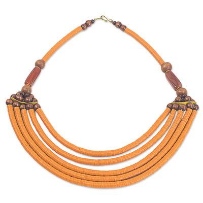 Artisan Made Agate and Wood African Orange Beaded Necklace