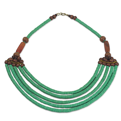 Hand Crafted Agate and Wood African Green Beaded Necklace