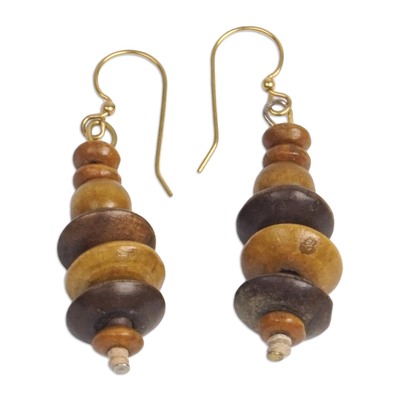 Wood and Clay Dangle Earrings Brass Hooks from Ghana