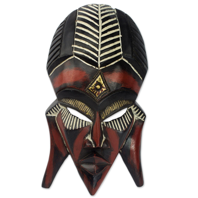 Hand Carved Wood Brass African Mask Red Black from Ghana