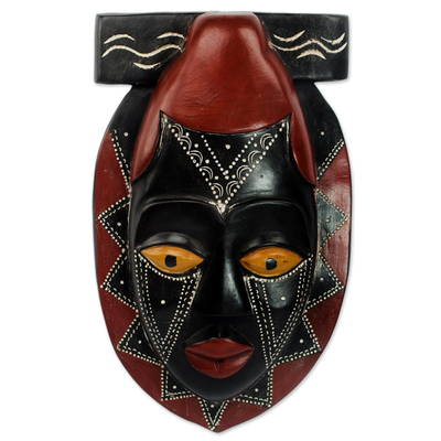 Black and Red African Wood Mask Hand Carved by Ghana Artisan