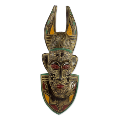 Handcrafted Ghanaian Sese Wood Wall Mask with Horns
