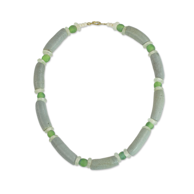 Grey and Green Recycled Glass Beaded Necklace from Ghana