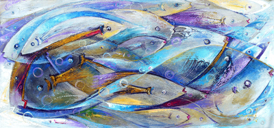 Abstract Themed Painting with Blue Fish Signed by Artist