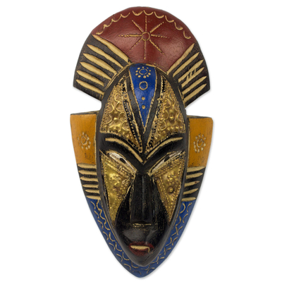 Hand Crafted Ghanaian Sese Wood Wall Mask with Brass Accents