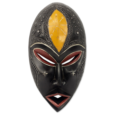 Hand Crafted Sese Wood Wall Mask with Aluminum Accents