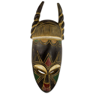 Ghanaian Hand Carved Horned Mask in Black and Gold