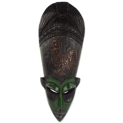 Ghanaian Hand Carved Sese Wood Mask with Rooster