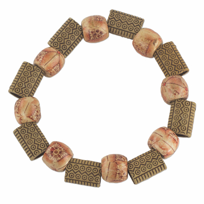 Wood and Recycled Plastic Beaded Floral Stretch Bracelet