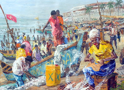 Ghanaian Beach Impressionist Signed Painting from Ghana
