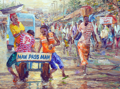 Impressionist Painting of People and Cityscape from Ghana