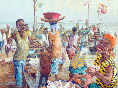 Impressionist Painting of People in Beach Scene from Ghana