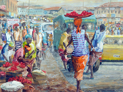 Acrylic Impressionist Painting of a Cityscape from Ghana