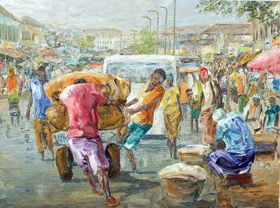 Impressionist Painting of Workers in Cityscape from Ghana