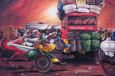 Acrylic Caricature Painting of a Market Scene from Ghana