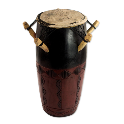 Hand Made Wood Kpanlogo Drum in Red and Black from Ghana