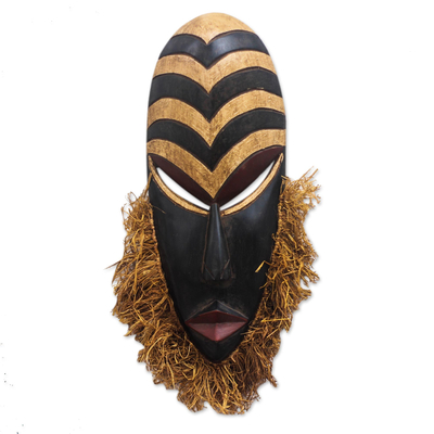 Hand Carved Wood and Raffia African Mask from Ghana