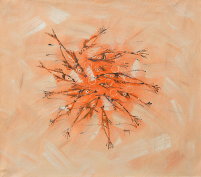 Signed Modern Freestyle Painting of Fish in Peach and Orange