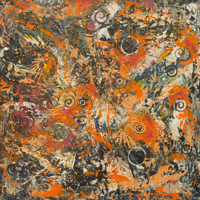 Signed Abstract Painting with Orange Colors from Ghana