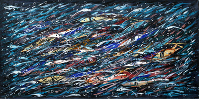 Signed Ghanaian Modern Freestyle Painting Multicolored Fish