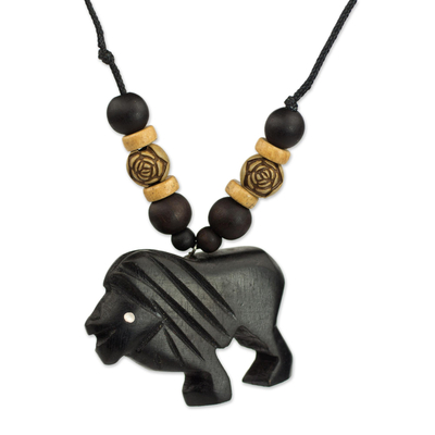 Artisan Crafted Mighty Lion Wood Pendant Necklace from Ghana