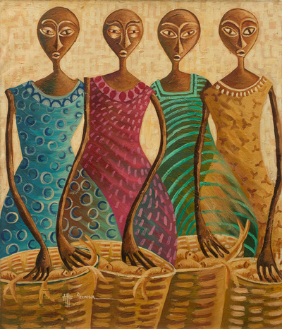 Signed Ghanaian Modern Freestyle Painting of Women with Fish