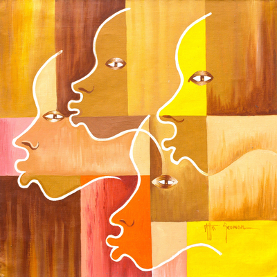 Multicolored Signed Modern Painting of Faces from Ghana