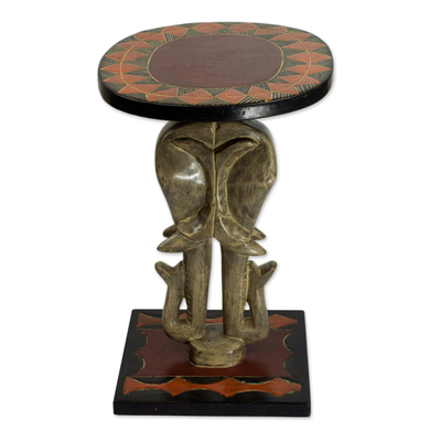 Cedar Wood Accent Table with Sculpted Elephants from Ghana