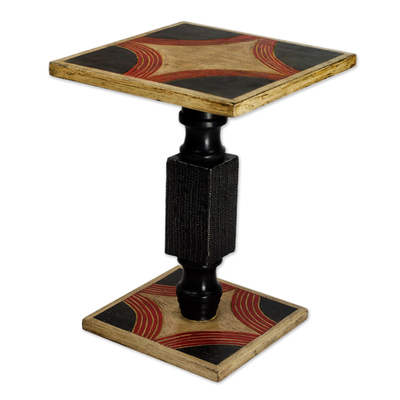 Hand Crafted Cedar Wood Black and Beige End Table from Ghana