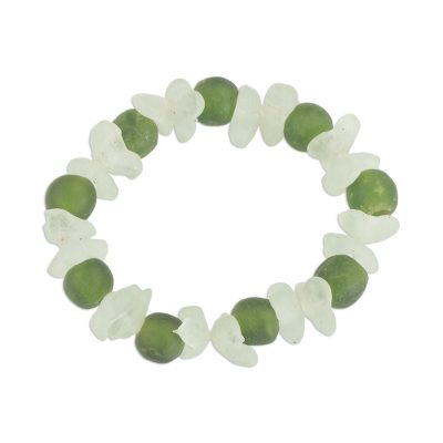 Recycled Glass Beaded Bracelet in Green and White from Ghana