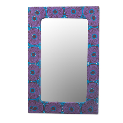 Cotton and Sese Wood Mirror in Violet and Indigo from Ghana