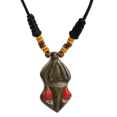 Hand Carved Wooden Pendant and Cord Necklace from Ghana