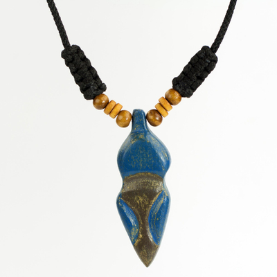 Handmade Blue and Black Wood Pendant Necklace from West Africa