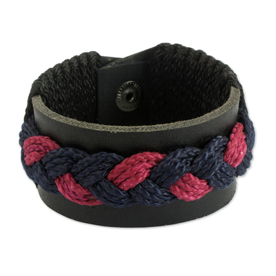 Red and Black Woven Cord Brass Snap Leather Wristband Bracelet