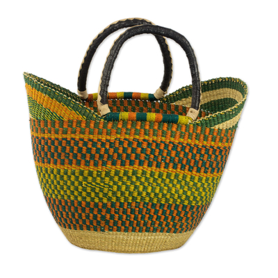 Handcrafted Leather Accent Raffia Basket from Ghana