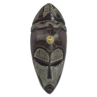African Sese Wood Aluminum and Brass Wall Mask from Ghana