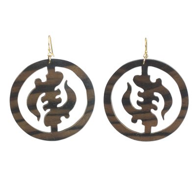 Ebony Wood Circular Adinkra Dangle Earrings from Ghana