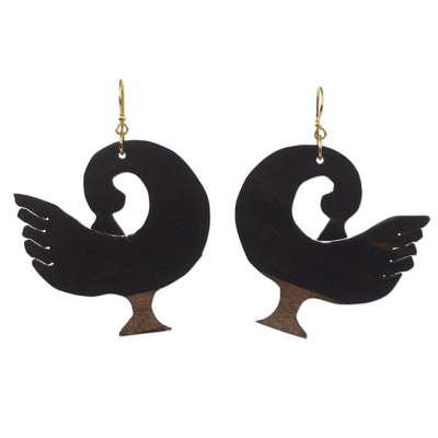 Ebony Wood Adinkra Bird Dangle Earrings from Bali