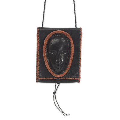 Black Leather Cell Phone Shoulder Bag with a Face from Ghana