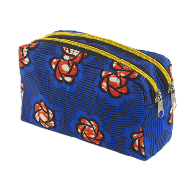 Cotton Cosmetic Case in Royal Blue and Flame from Ghana