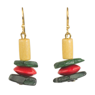 Colorful Sese Wood and Coconut Shell Earrings from Ghana