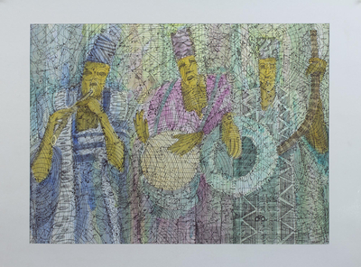 Signed Modern Painting of a Musician Group from Ghana