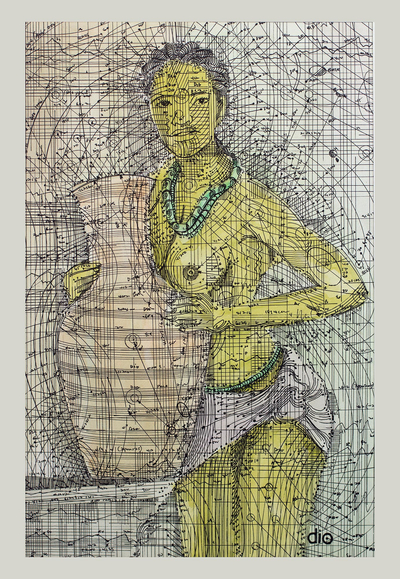 Signed Modern Painting of a Woman with a Pot from Ghana