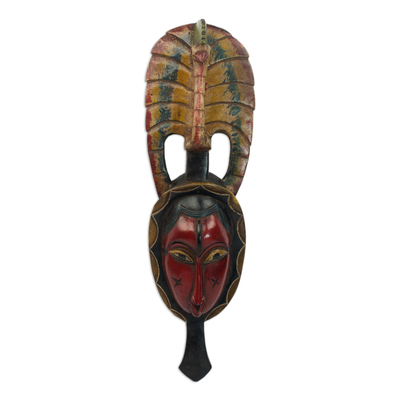 Hand Carved Sese Wood Wall Mask with Peacock from Ghana
