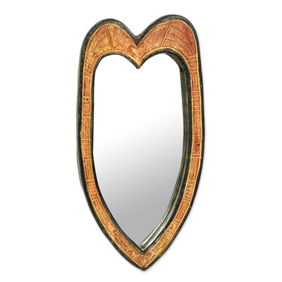 Handcrafted Wood Heart-Shaped Wall Mirror from Ghana