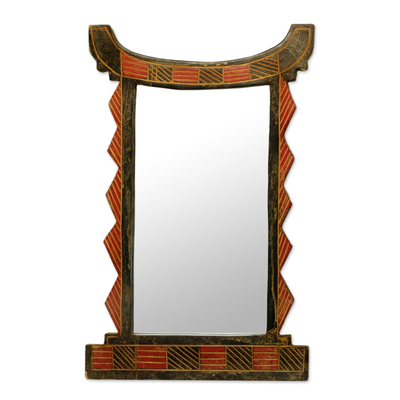 Handcrafted Wood Wall Mirror in Black and Red from Ghana