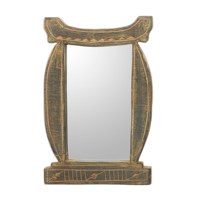 Handcrafted Antiqued Sese Wood Wall Mirror from Ghana