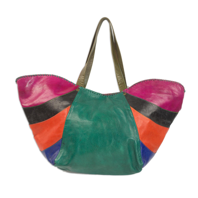 Handcrafted Colorful Leather Tote Handbag from Ghana