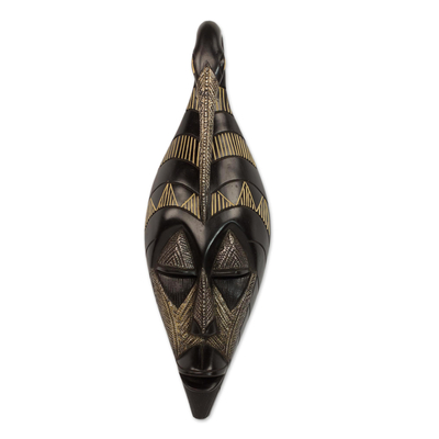 Hand Carved Black Sese Wood Wall Mask with Bird from Ghana